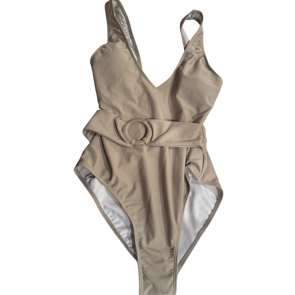 Mono B Tan Belted V-Neck One-Piece Swimsuit O-Ring Waist Beige ‎ Large NEW